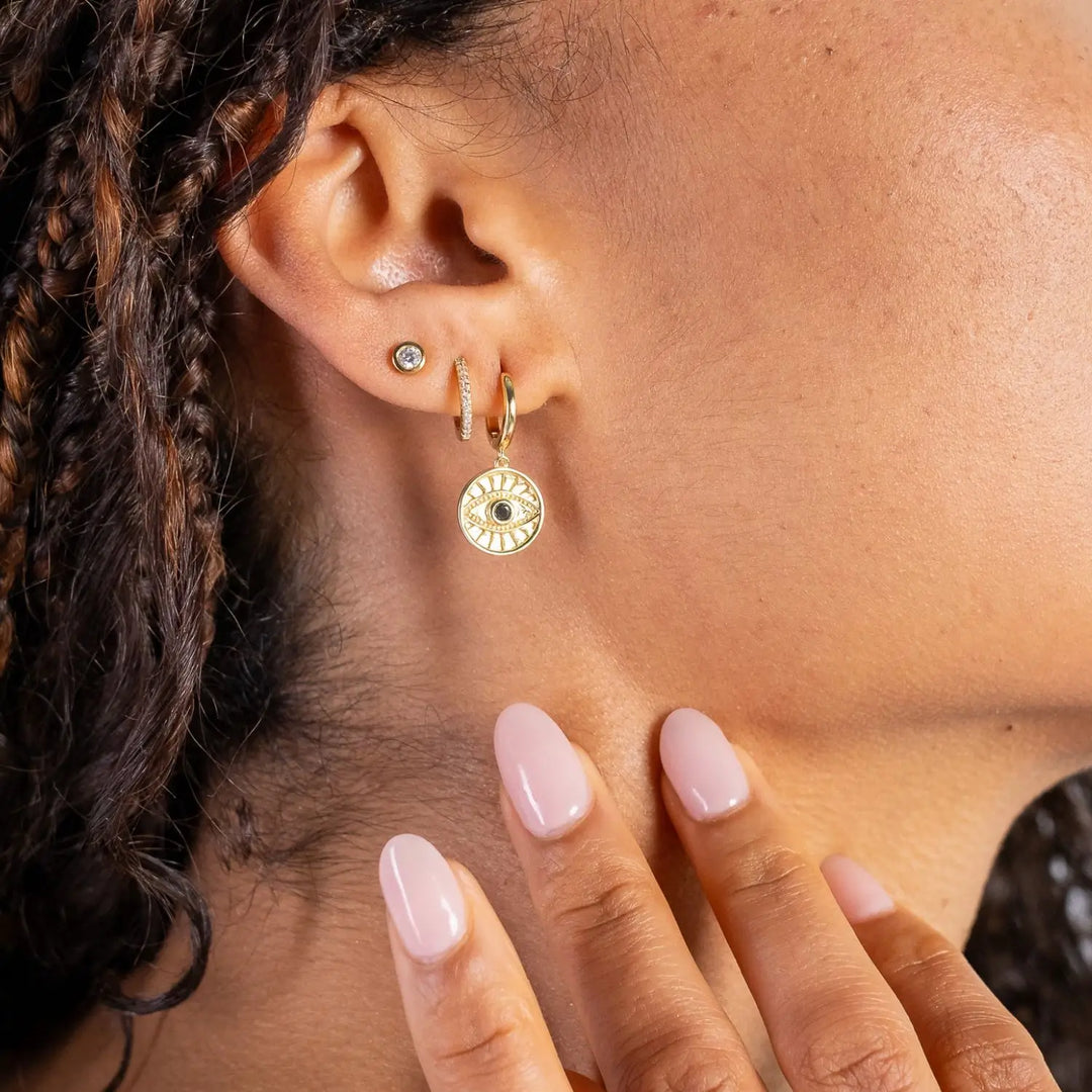 Minds Eye Huggie Earrings Gold 3 on model- Australian Jewellery Brand Bowerbird Jewels