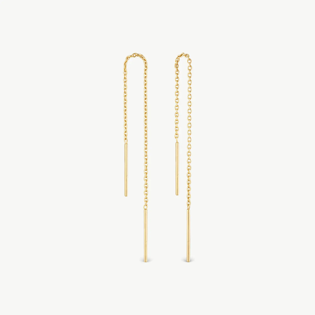 A pair of gold dangle earrings with long chain links and slim cylindrical drop bars, shown on a plain light gray background.