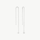 A pair of silver dangle earrings with long chain links and slim cylindrical drop bars, shown on a plain light gray background.
