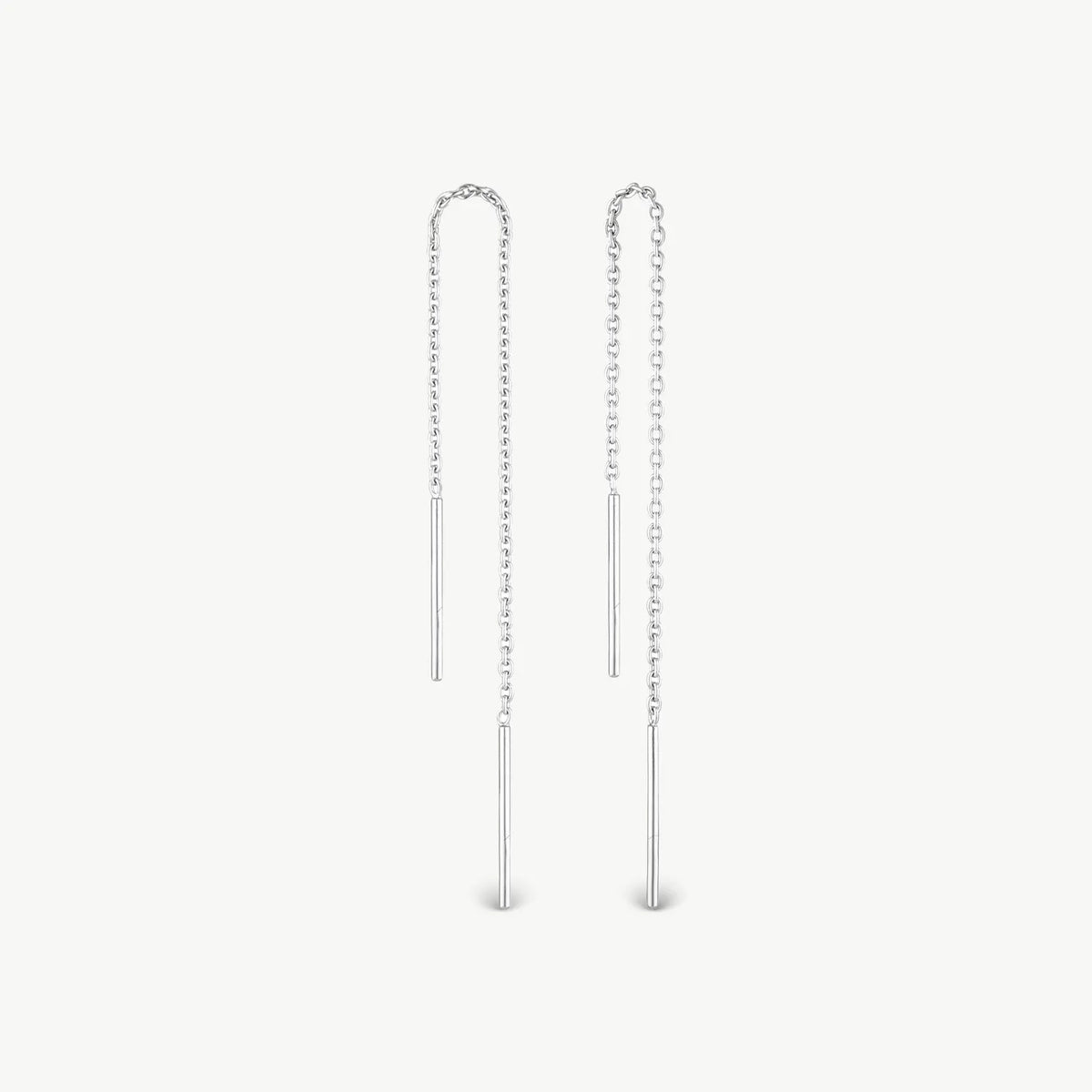 A pair of silver dangle earrings with long chain links and slim cylindrical drop bars, shown on a plain light gray background.
