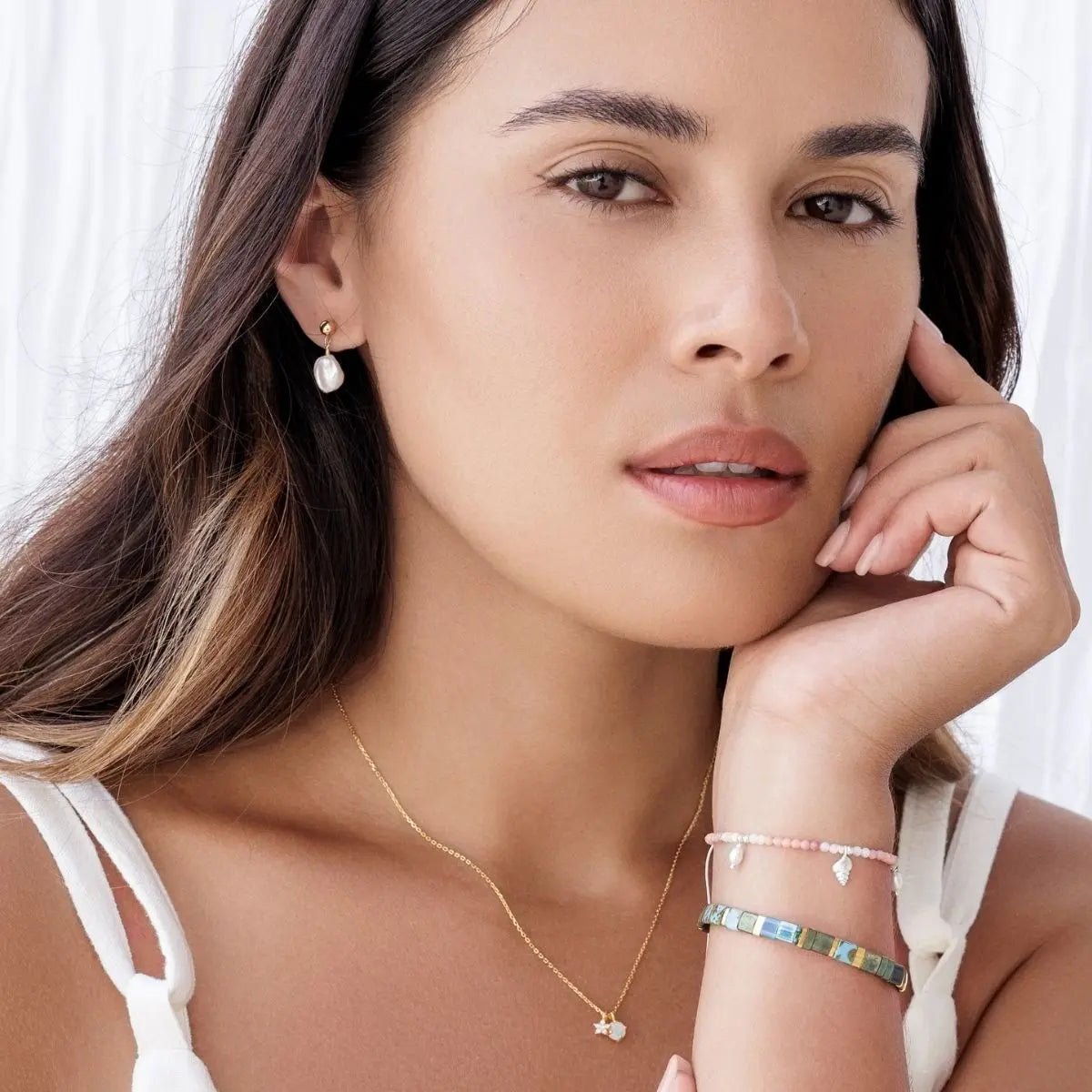 Moonglow Opalite Necklace in Silver and Gold Gold 3 - on model - Australian Jewellery Brand Bowerbird Jewels