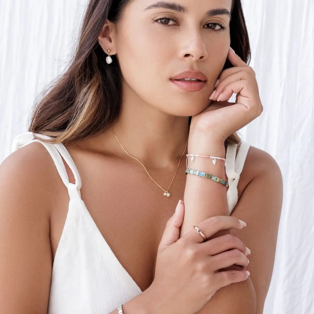Moonglow Opalite Necklace in Silver and Gold Gold 4 - on model - Australian Jewellery Brand Bowerbird Jewels