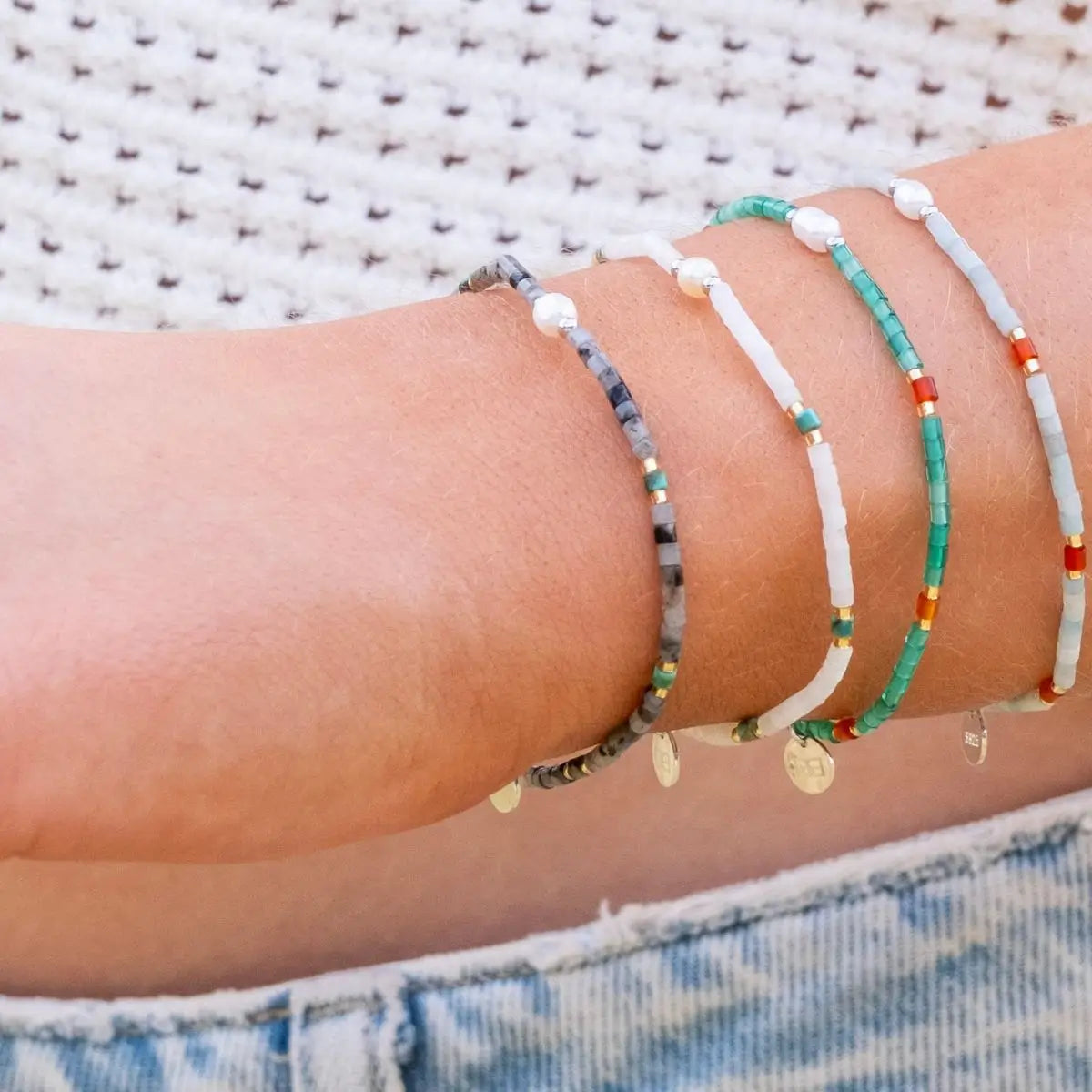 Moonseed Labradorite, Turquoise and Pearl Stacking Bracelet 2 on model- Australian Jewellery Brand Bowerbird Jewels