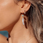 Nara Gold Filled Threader Earrings with Amazonite & Pearl Gold 1 on model- Australian Jewellery Brand Bowerbird Jewels