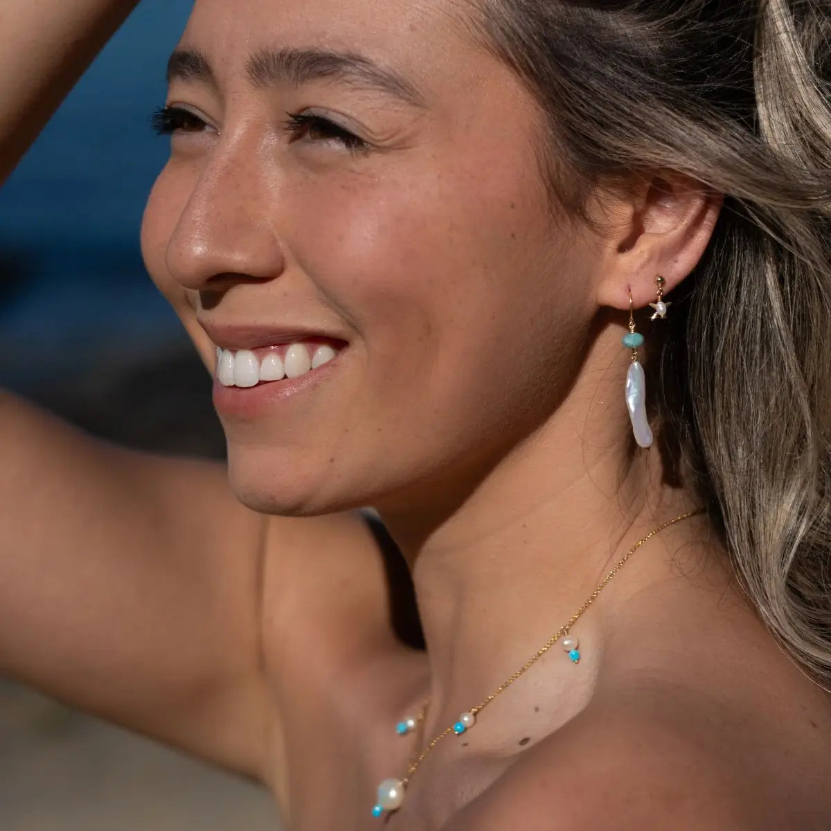 Nara Gold Filled Threader Earrings with Amazonite & Pearl Gold 3 on model- Australian Jewellery Brand Bowerbird Jewels