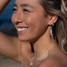Nara Gold Filled Threader Earrings with Amazonite & Pearl Gold 3 on model- Australian Jewellery Brand Bowerbird Jewels