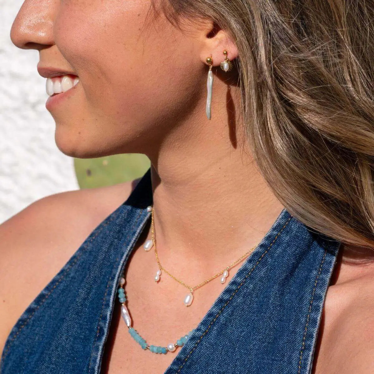 Noor Gold Filled Biwa Pearl Drop Earrings Gold 2 on model- Australian Jewellery Brand Bowerbird Jewels
