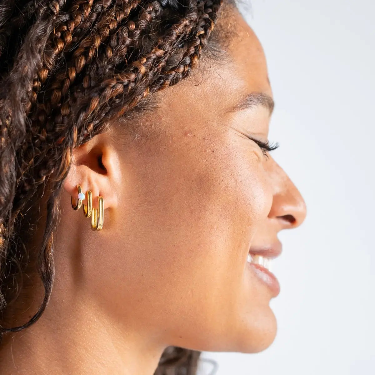 Opalite Huggie Hoop Earrings Gold 1 - on model- Australian Jewellery Brand Bowerbird Jewels