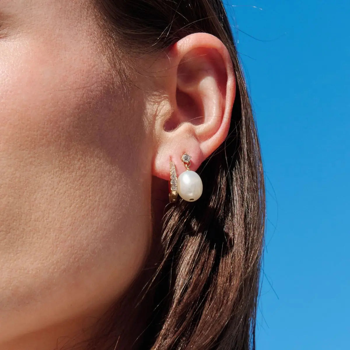 Opia Cubic Zirconia Huggie Hoop Earrings  Gold 1 - on model Australian Jewellery Brand Bowerbird Jewels