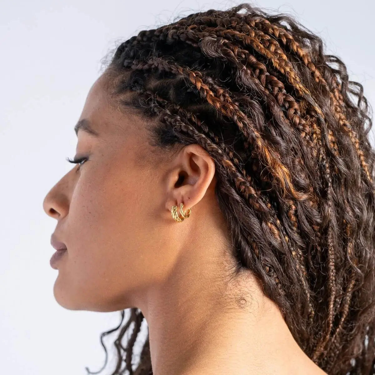 Organic Zig Zag Huggie Hoop Earrings Gold 1 - on model- Australian Jewellery Brand Bowerbird Jewels