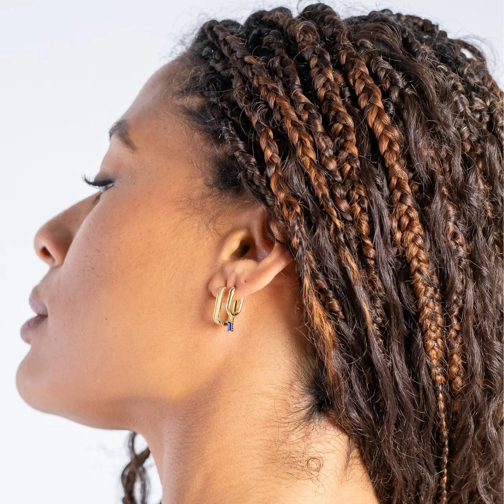 Parea Tube Huggie Hoop Earrings Gold 1 on model- Australian Jewellery Brand Bowerbird Jewels