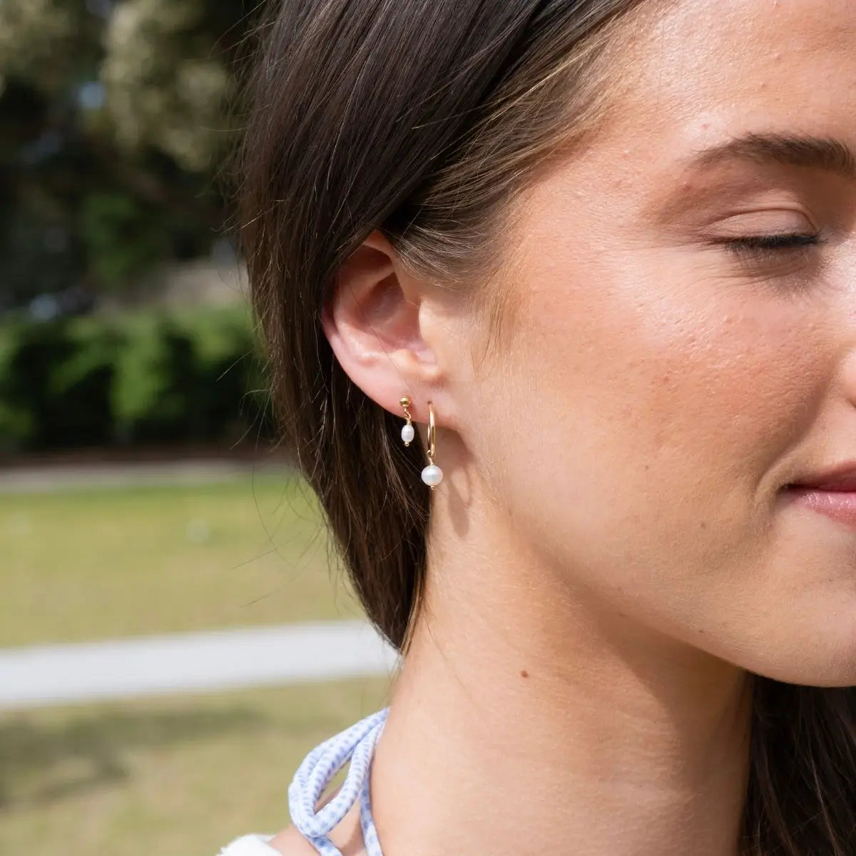 Pearl Raindrop Earrings Gold 2 - on model - Australian Jewellery Brand Bowerbird Jewels