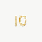 A pair of gold huggie hoop earrings adorned with small clear pavé stones, shown from both front and side angles on a clean off-white background.