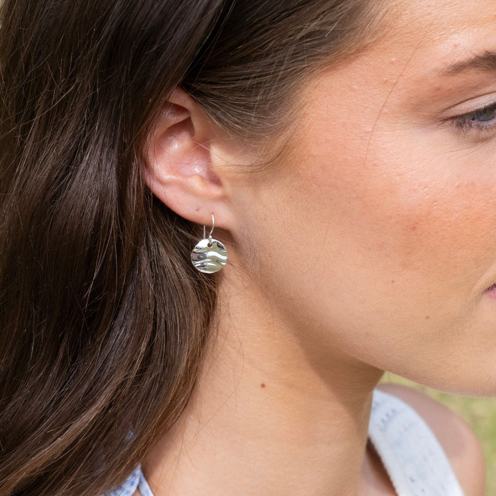 Rippled Sterling Silver Disc Drop Earrings on model- Australian Jewellery Brand Bowerbird Jewels