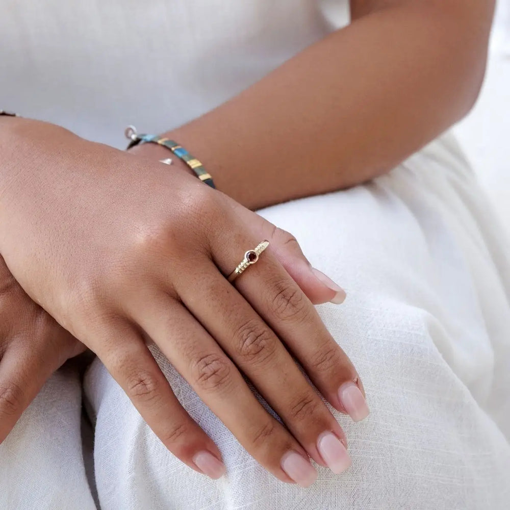 Close-up of a hand wearing a gold ring on a white background