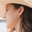 Sculpted Rectangular Huggie Hoop Earrings in Sterling Silver or Gold Gold 1 on model- Australian Jewellery Brand Bowerbird Jewels