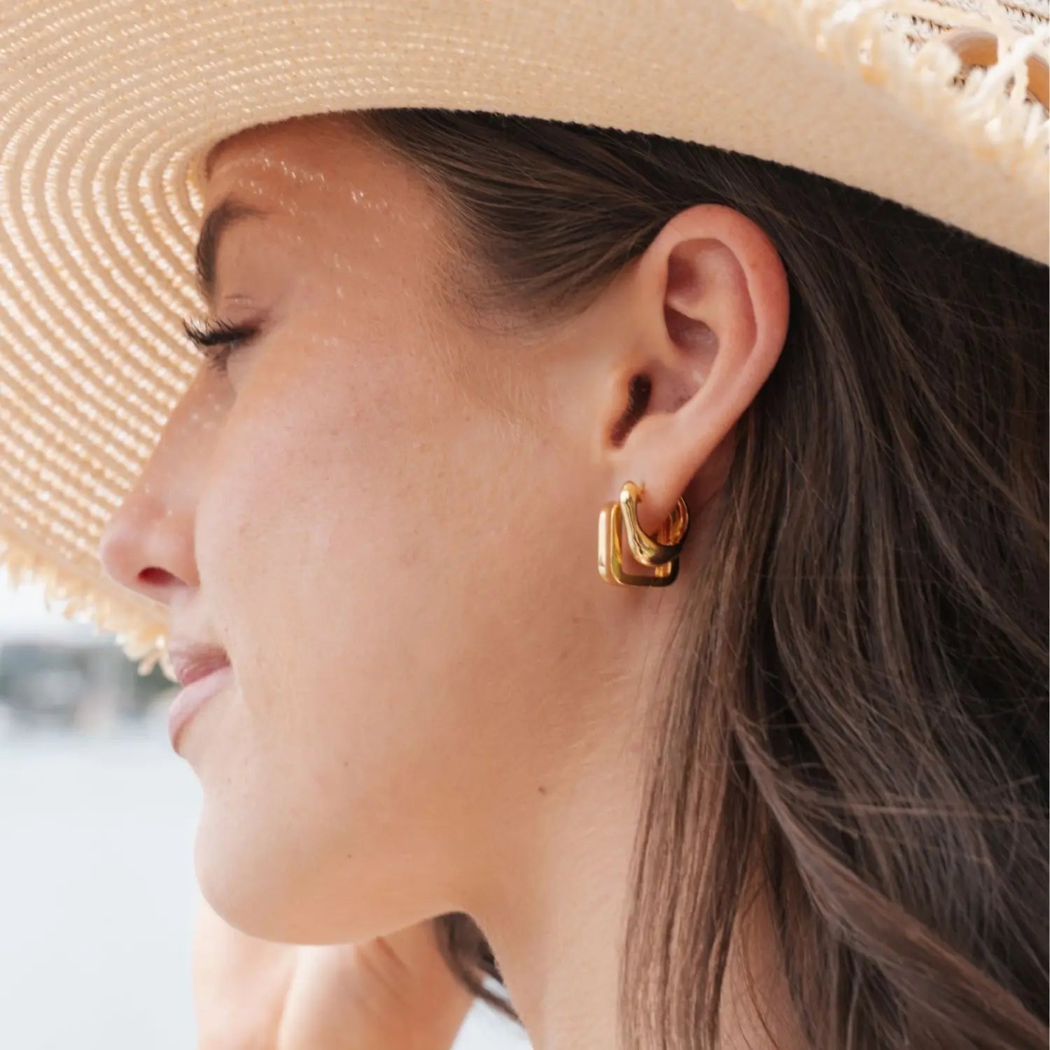 Sculpted Rectangular Huggie Hoop Earrings in Sterling Silver or Gold Gold 1 on model- Australian Jewellery Brand Bowerbird Jewels