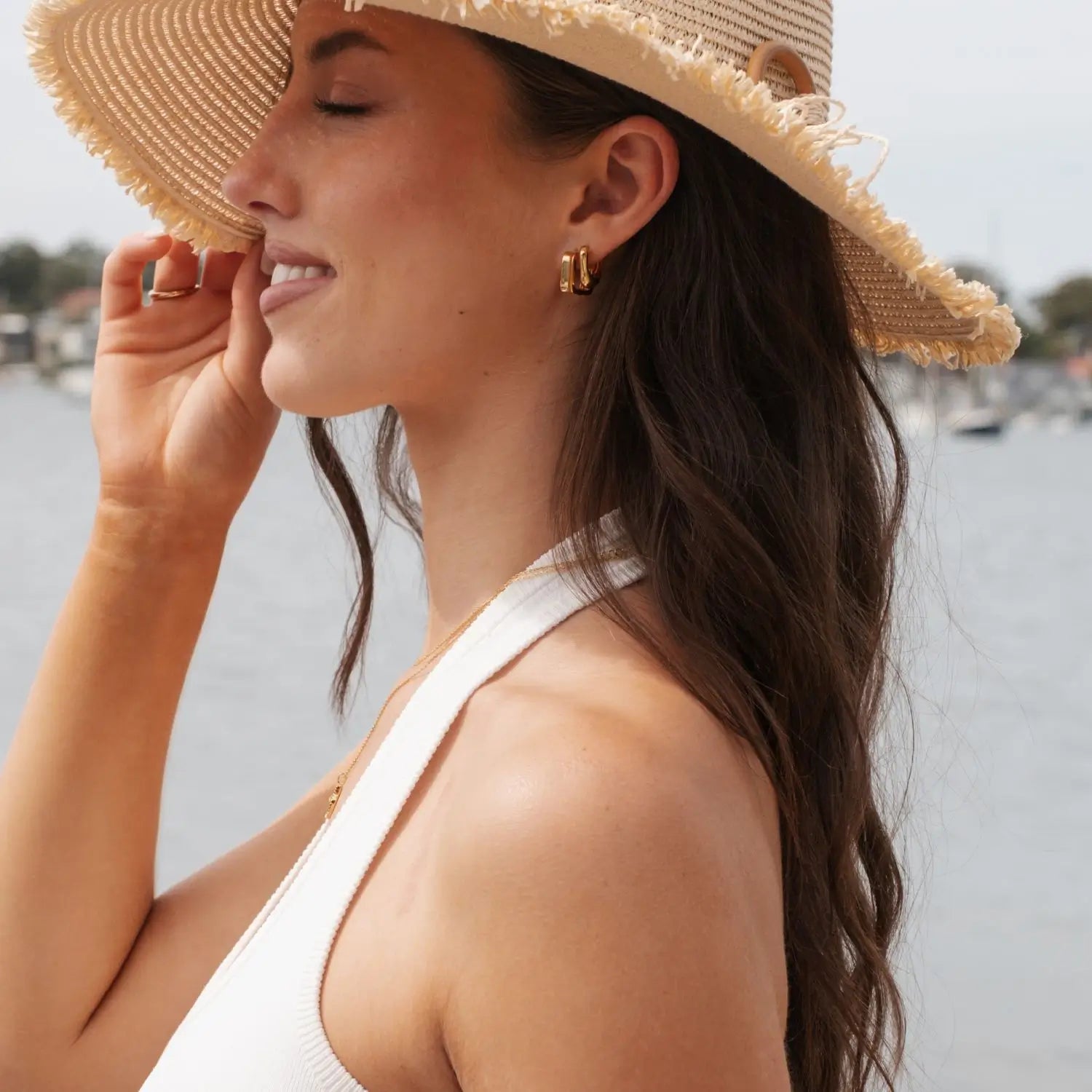 Sculpted Rectangular Huggie Hoop Earrings in Sterling Silver or Gold Gold 2 on model- Australian Jewellery Brand Bowerbird Jewels