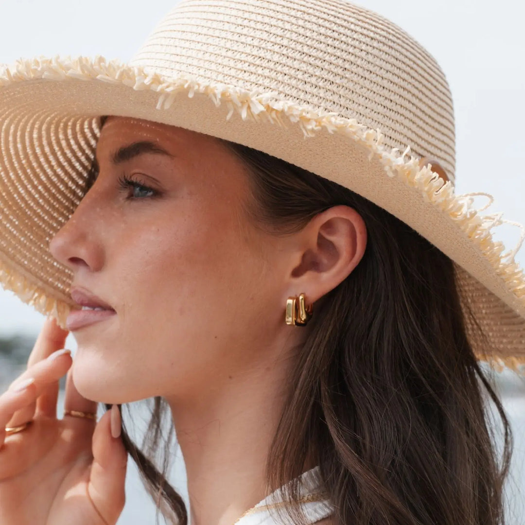 Sculpted Rectangular Huggie Hoop Earrings in Sterling Silver or Gold Gold 3 on model- Australian Jewellery Brand Bowerbird Jewels