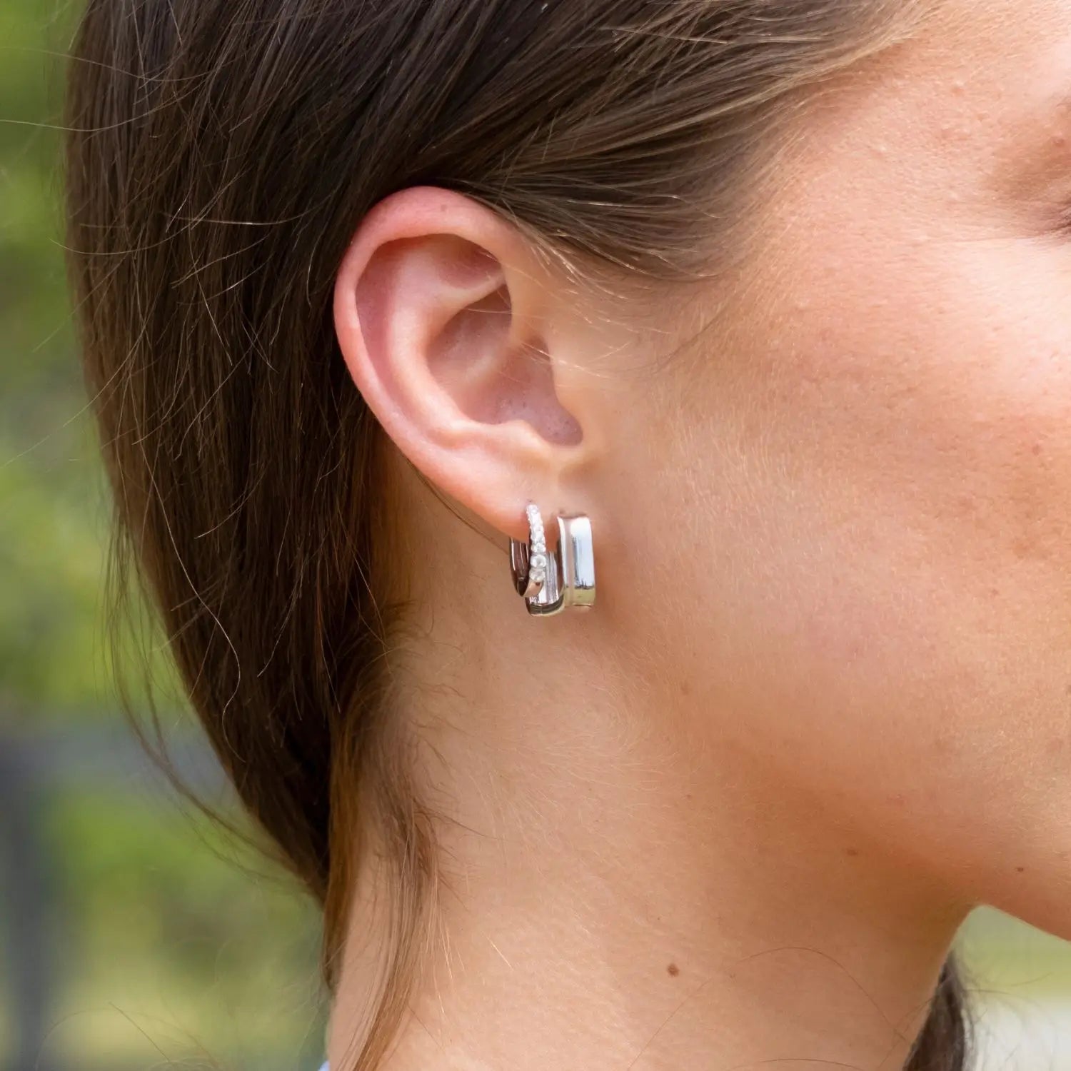 Sculpted Rectangular Huggie Hoop Earrings in Sterling Silver or Gold Silver 1 on model- Australian Jewellery Brand Bowerbird Jewels