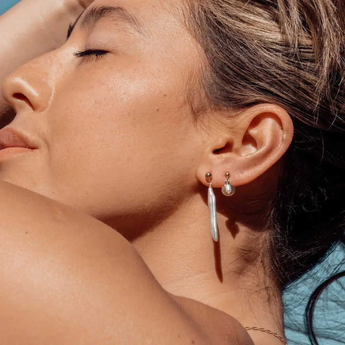 Seaside Gold Filled Earrings with Freshwater Pearl and Shell Drop Gold 1 on model- Australian Jewellery Brand Bowerbird Jewels