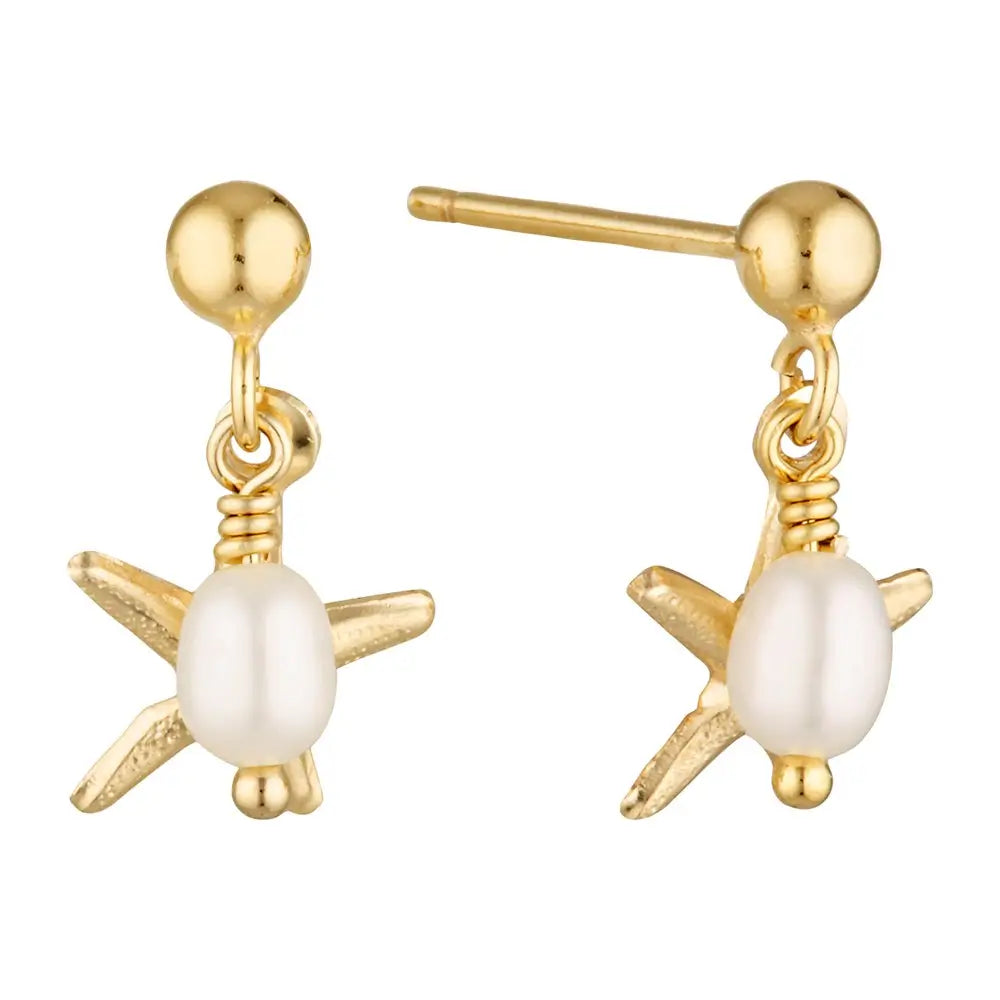 Seaside Gold Filled Earrings with Freshwater Pearl and Starfish Drop Gold 1 - Australian Jewellery Brand Bowerbird Jewels