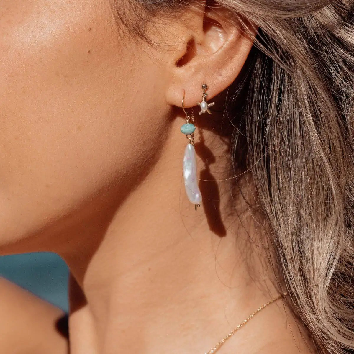 Seaside Gold Filled Earrings with Freshwater Pearl and Starfish Drop Gold 1 on model- Australian Jewellery Brand Bowerbird Jewels