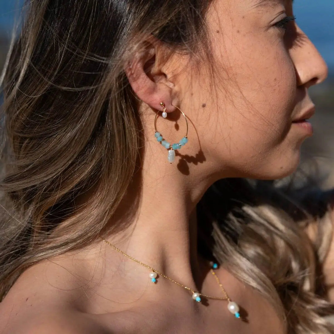 Sila Gold Filled Hoop Earrings with Gemstone and Keshi Pearl Drops Amazonite 1 on model- Australian Jewellery Brand Bowerbird Jewels