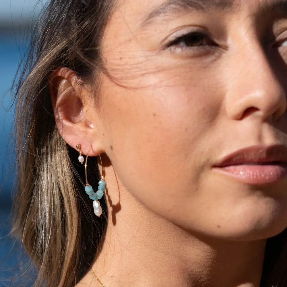 Sila Gold Filled Hoop Earrings with Gemstone and Keshi Pearl Drops Amazonite 2 on model- Australian Jewellery Brand Bowerbird Jewels