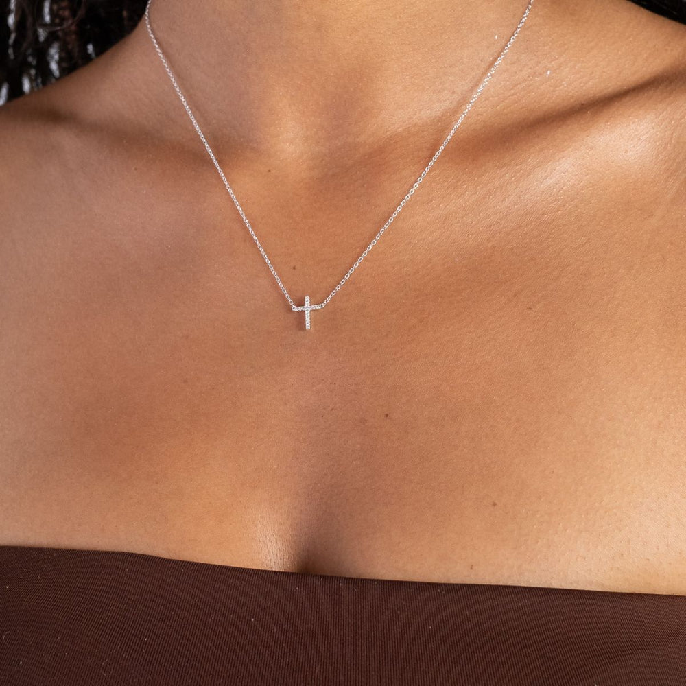 Silver-Cubic Zirconia Cross Necklace on model-Australian Jewellery Brand Bowerbird Jewels
