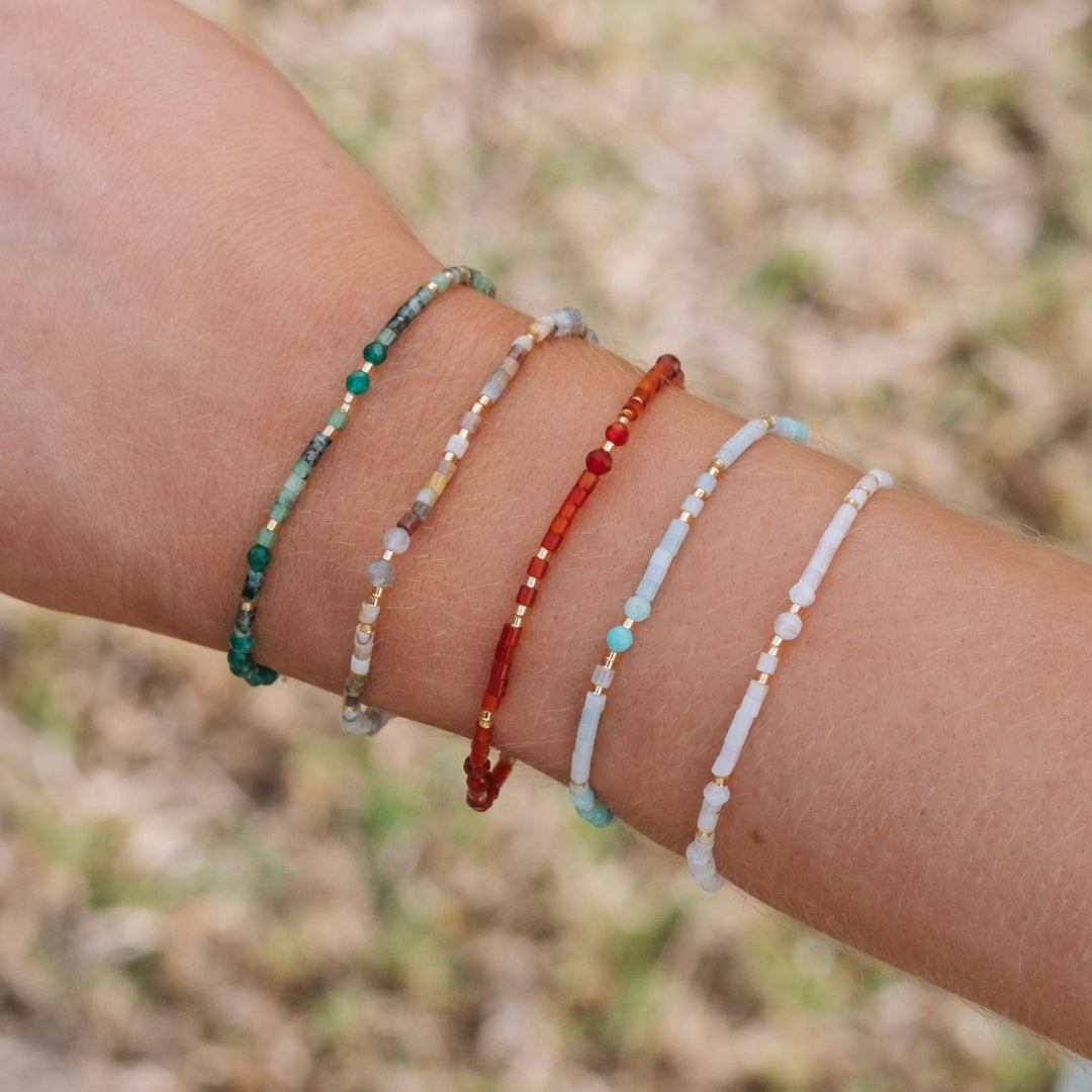 Silver-Gem Pop Agate and Labradorite Beaded Stacking Bracelets on model-Australian Jewellery Brand Bowerbird Jewels