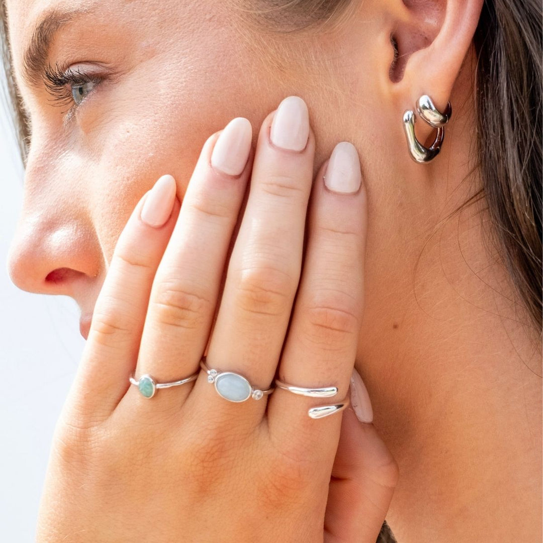 Silver-Molten Huggie Hoop Earrings in Sterling Silver or Gold on model-Australian Jewellery Brand Bowerbird Jewels