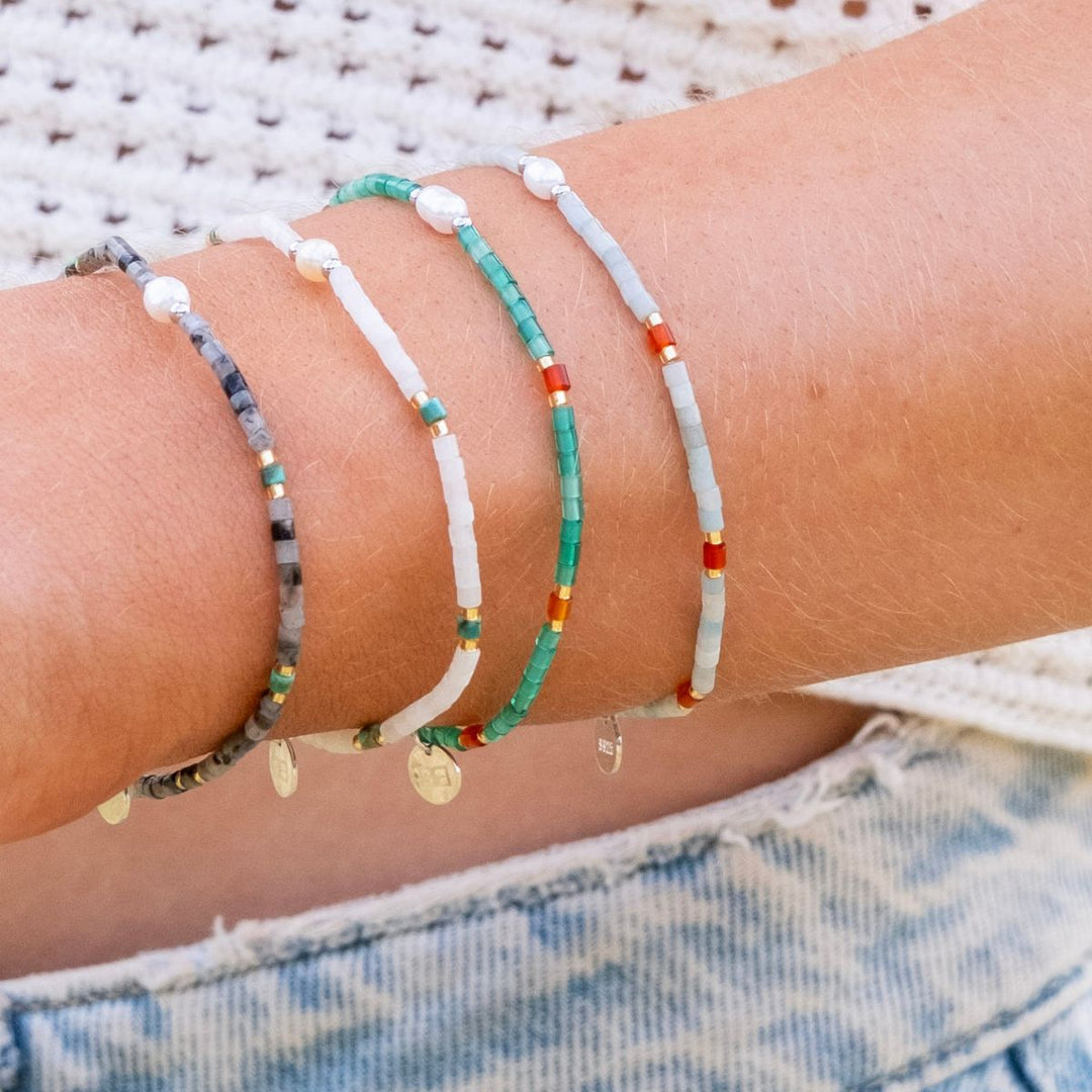 Silver-Moonseed Green Agate, Carnelian and Pearl Stacking Bracelet on model-Australian Jewellery Brand Bowerbird Jewels