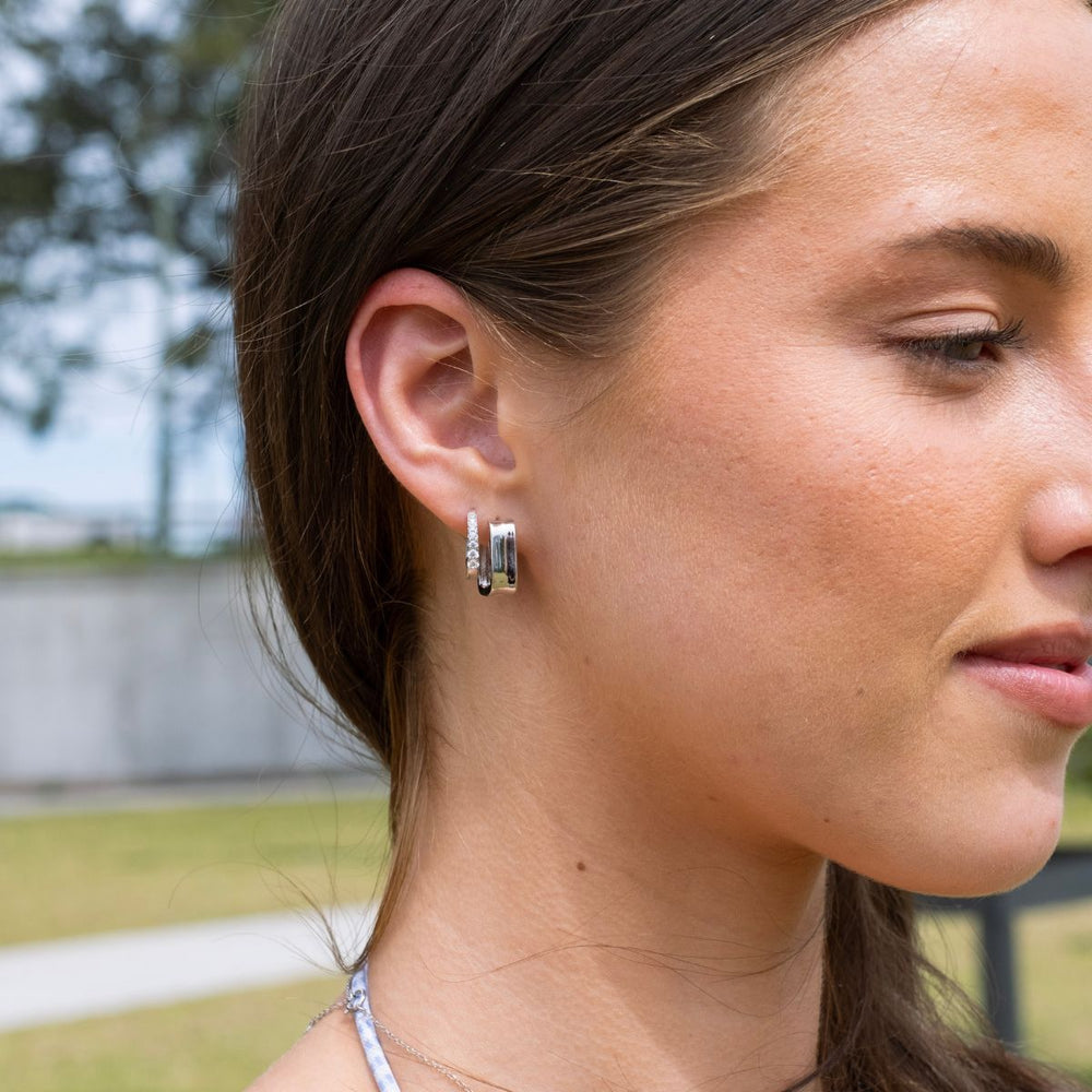 Silver-Opia Cubic Zirconia Huggie Hoop Earrings on model-Australian Jewellery Brand Bowerbird Jewels
