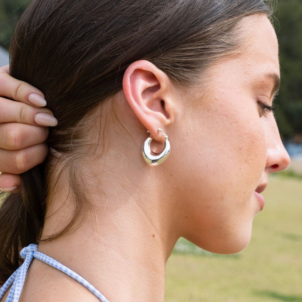 Silver-Polished Silver Tapered Hoop Earrings on model-Australian Jewellery Brand Bowerbird Jewels