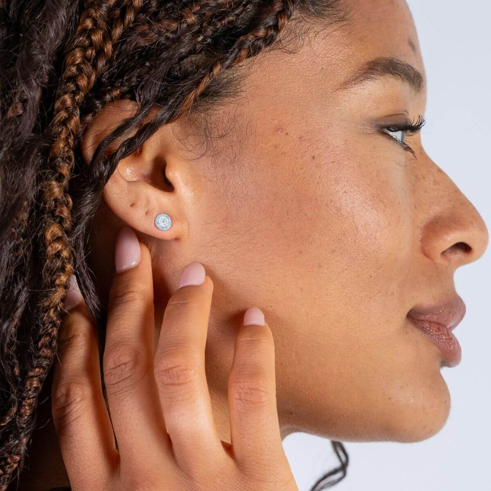 Silver-Silver Evil Eye Stud Earrings on model-Australian Jewellery Brand Bowerbird Jewels