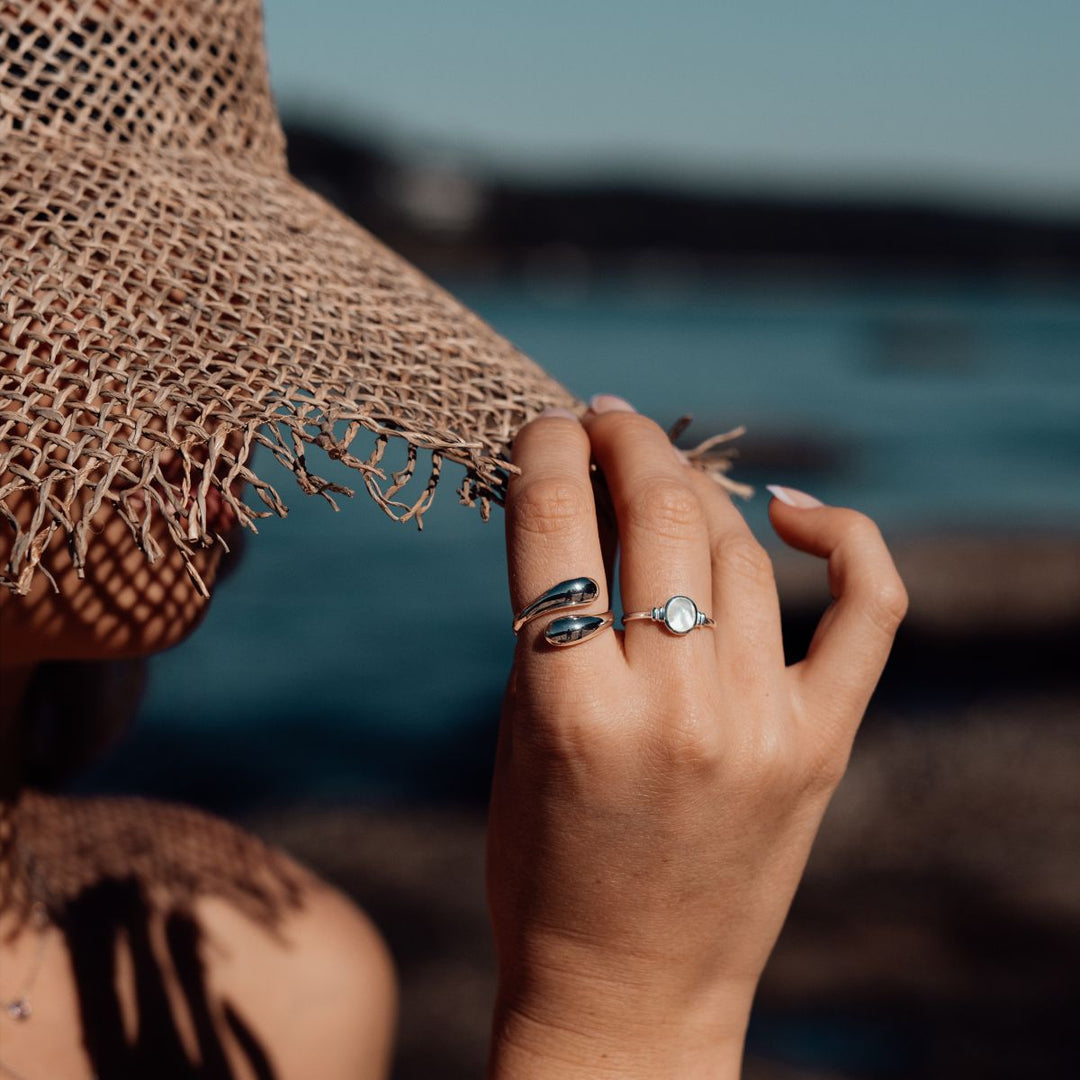 Silver-Silver Mother Of Pearl Bezel Ring2 on model-Australian Jewellery Brand Bowerbird Jewels