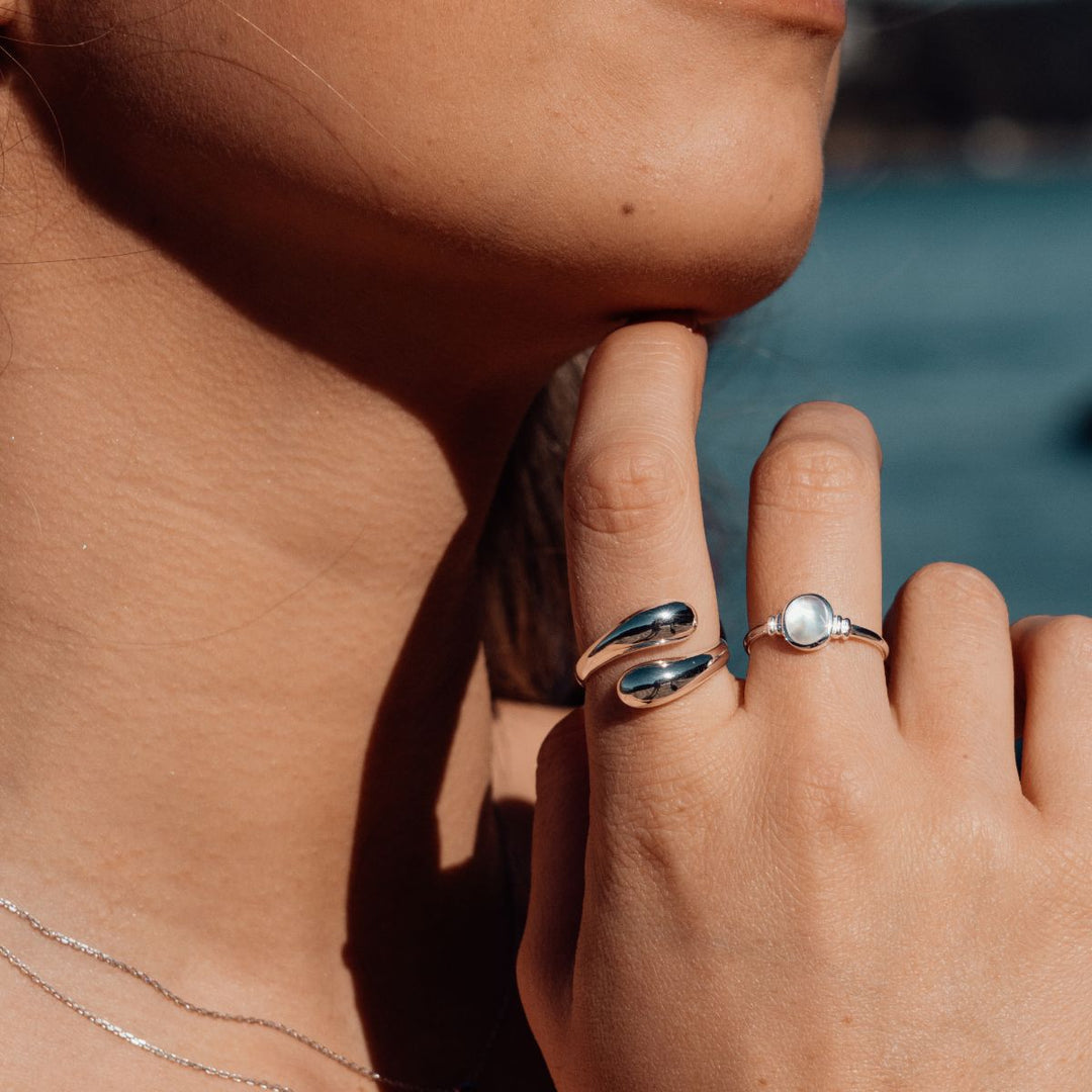 Silver-Silver Mother Of Pearl Bezel Ring3 on model-Australian Jewellery Brand Bowerbird Jewels