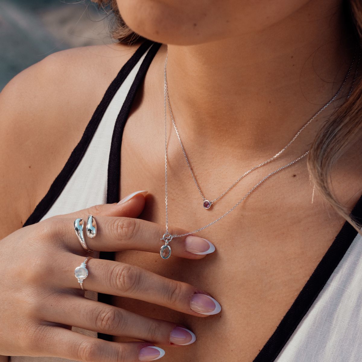 Silver-Silver Mother Of Pearl Bezel Ring4 on model-Australian Jewellery Brand Bowerbird Jewels