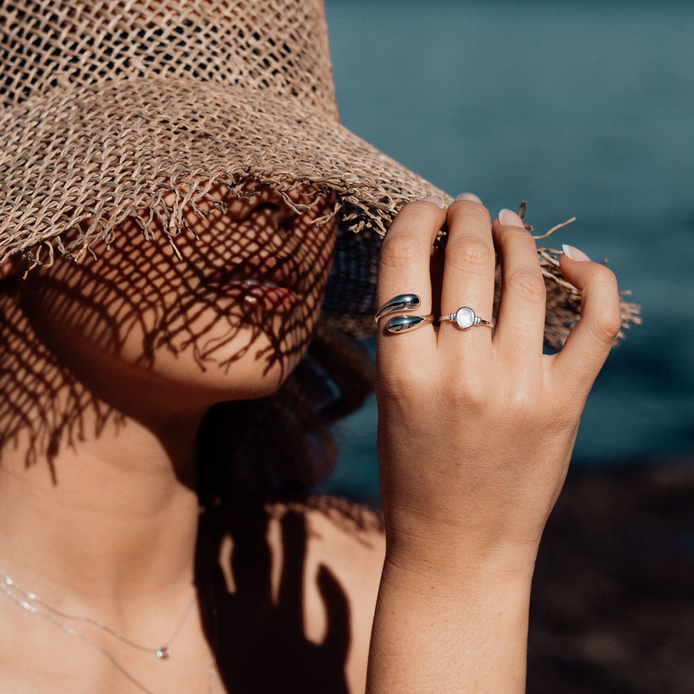 Silver-Silver Mother Of Pearl Bezel Ring on model-Australian Jewellery Brand Bowerbird Jewels