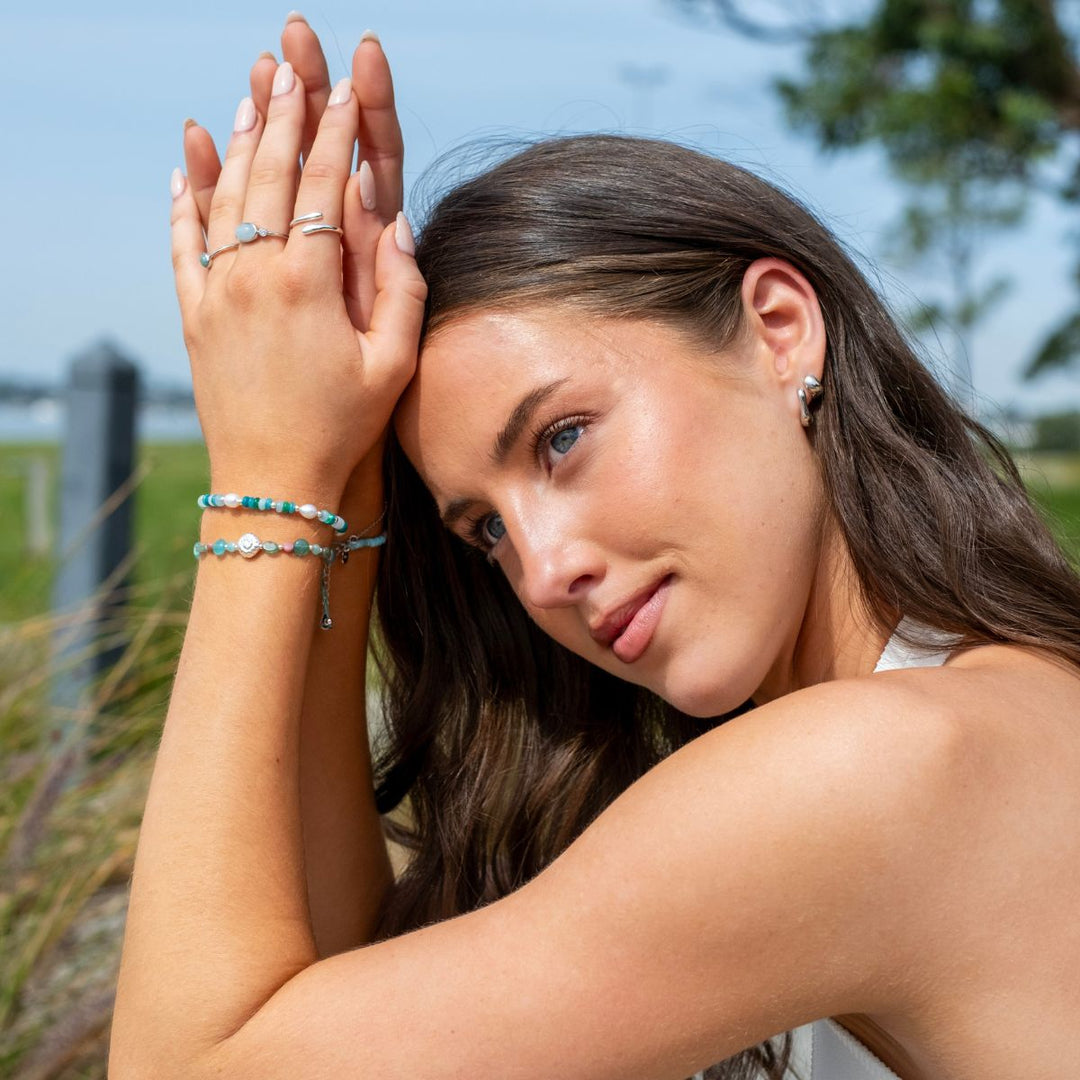 Silver-Silver Shell Gemstone Stacking Bracelet - Utah2 on model-Australian Jewellery Brand Bowerbird Jewels
