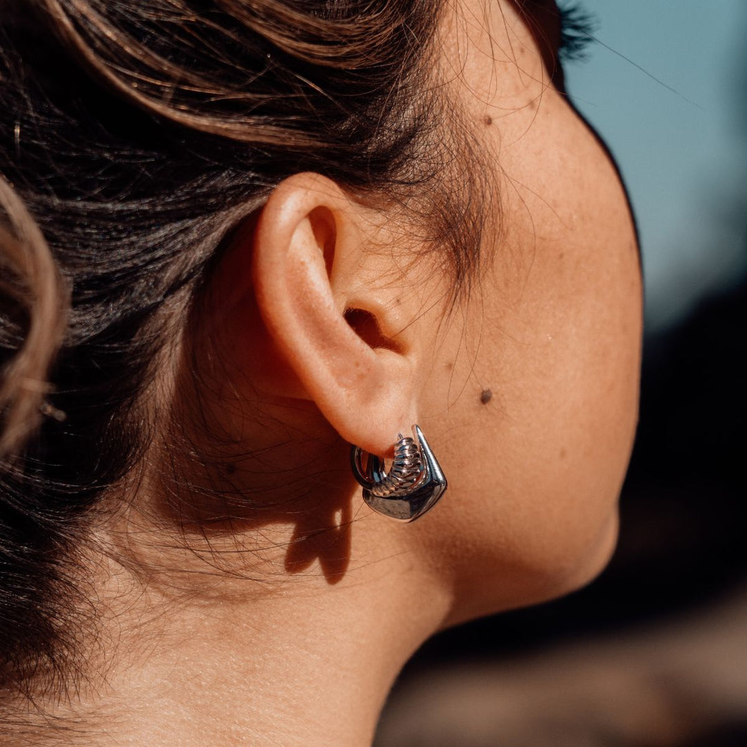 Silver-Sisu Huggie Earrings2 on model-Australian Jewellery Brand Bowerbird Jewels