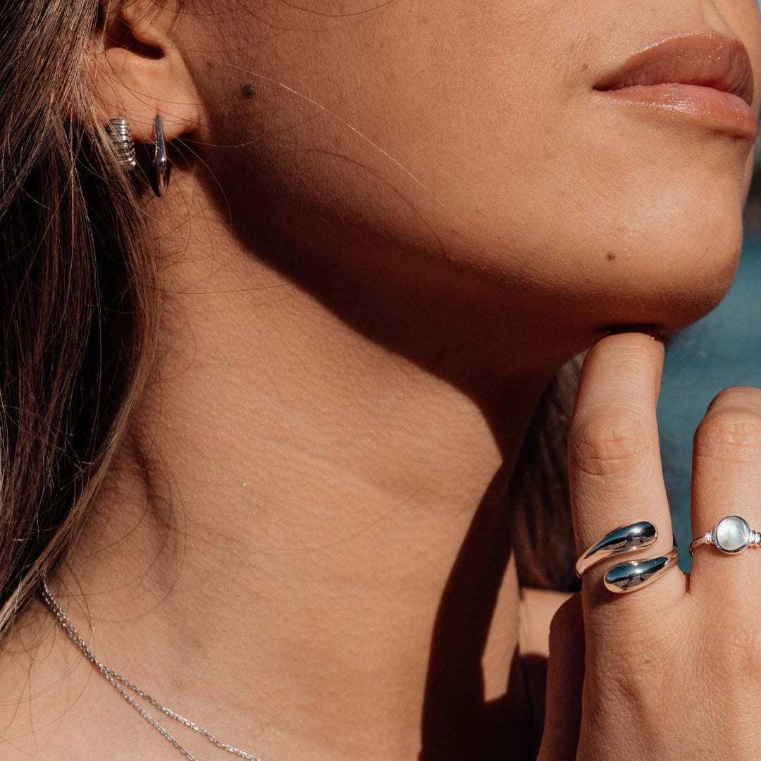 Silver-Sisu Huggie Earrings3 on model-Australian Jewellery Brand Bowerbird Jewels
