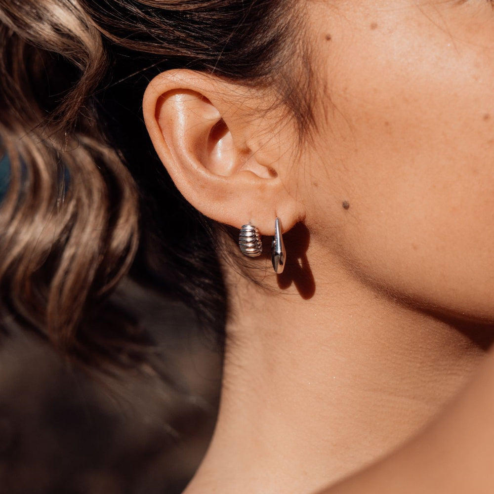 Silver-Sisu Huggie Earrings on model-Australian Jewellery Brand Bowerbird Jewels