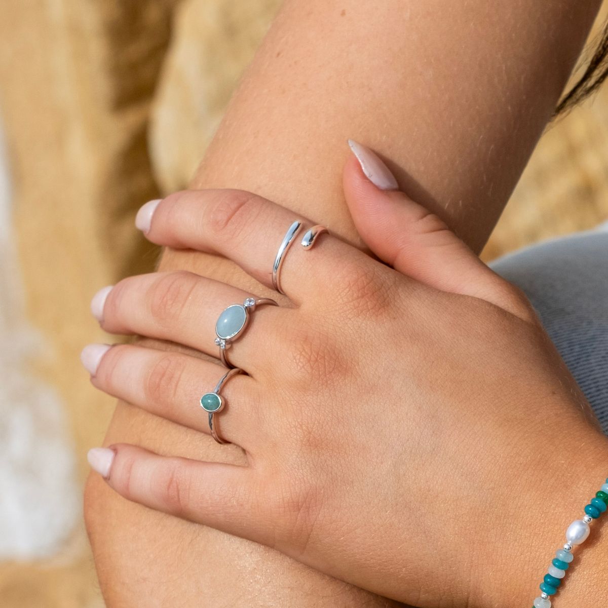 Silver-Solasta Amazonite Solitaire Ring in Sterling Silver2 on model-Australian Jewellery Brand Bowerbird Jewels