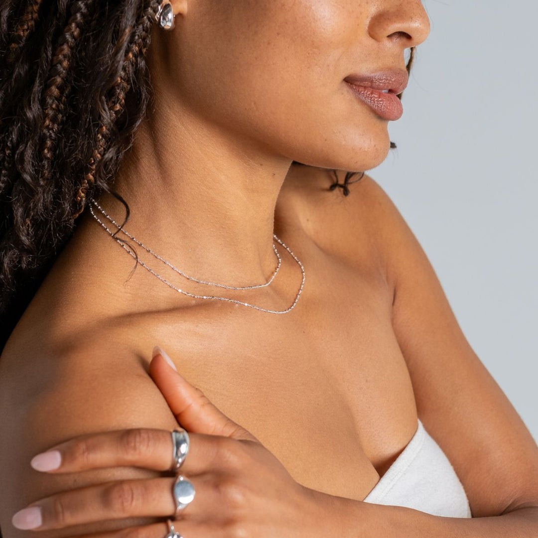 Silver-Sterling Silver Cube Satellite Chain Necklace - 40/45cm 2 on model-Australian Jewellery Brand Bowerbird Jewels