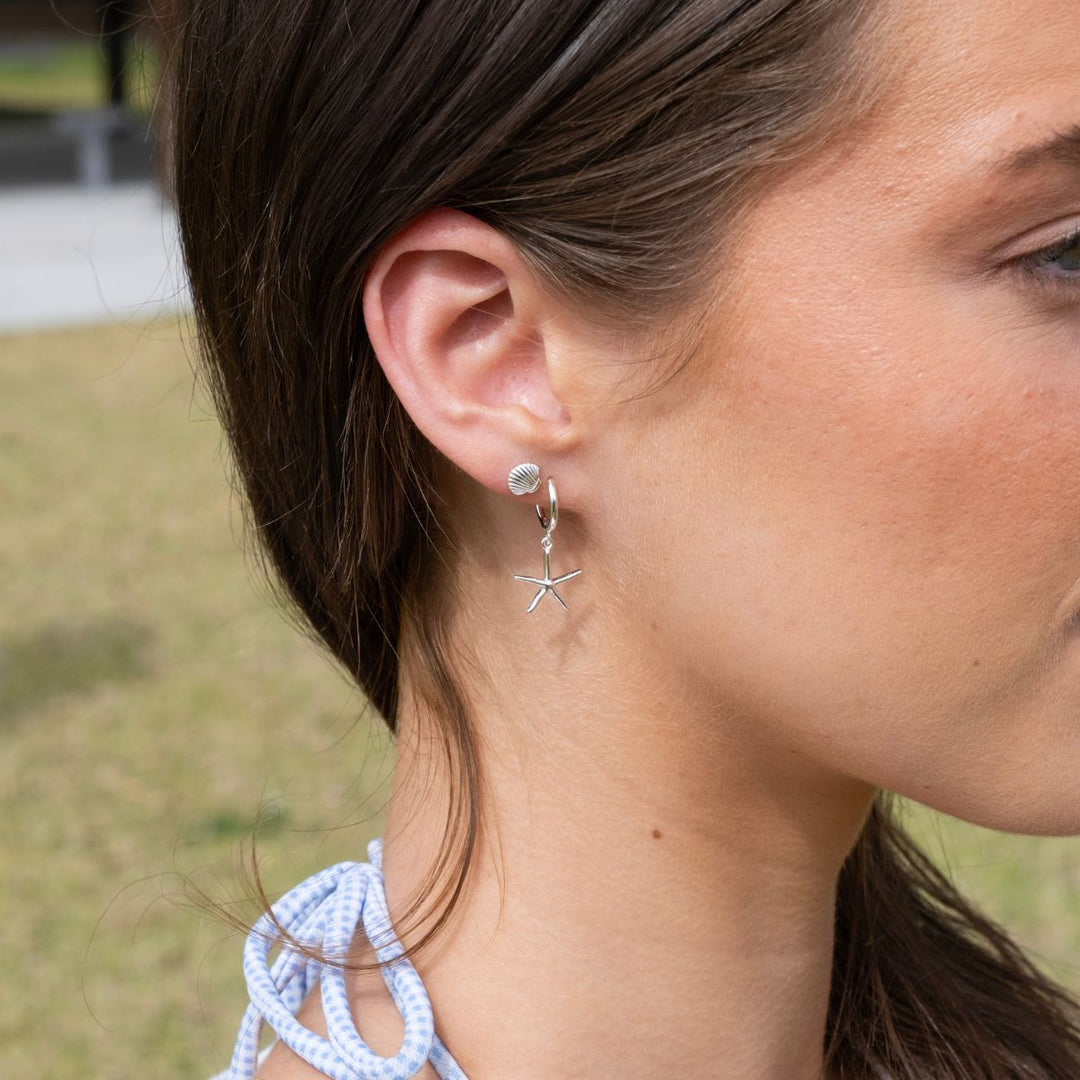 Silver-Sterling Silver Huggie Earrings with Starfish Charm2 on model-Australian Jewellery Brand Bowerbird Jewels