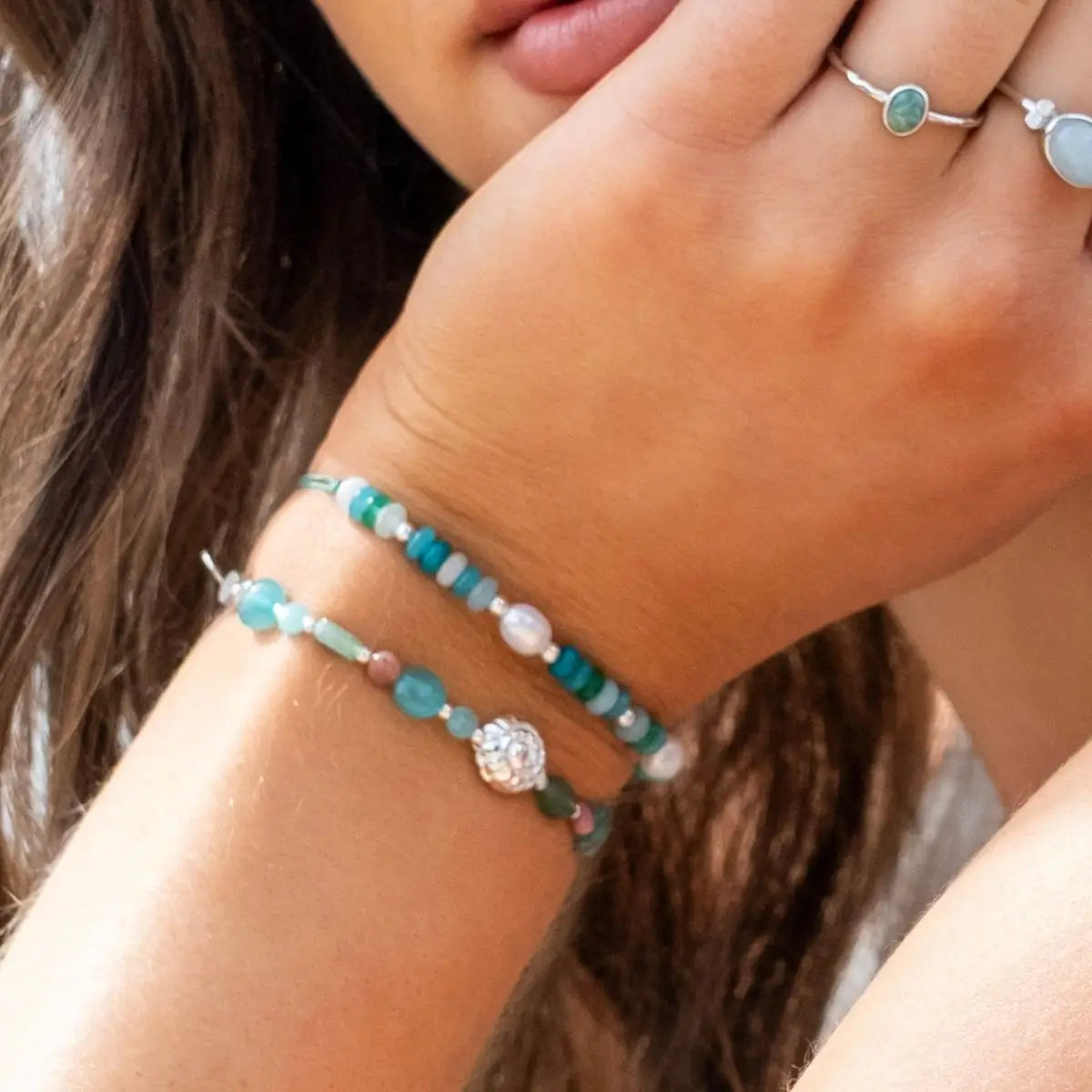 Silver Shell Gemstone Stacking Bracelet - Maui 1 on model- Australian Jewellery Brand Bowerbird Jewels