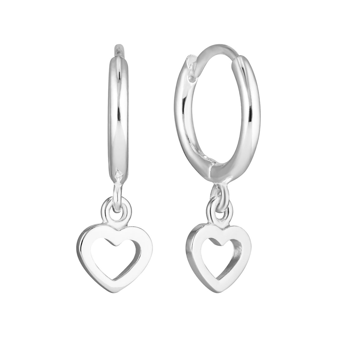 Silver Huggie Earrings with Open Heart Charm - Australian Online Jewellery Brand Bowerbird Jewels