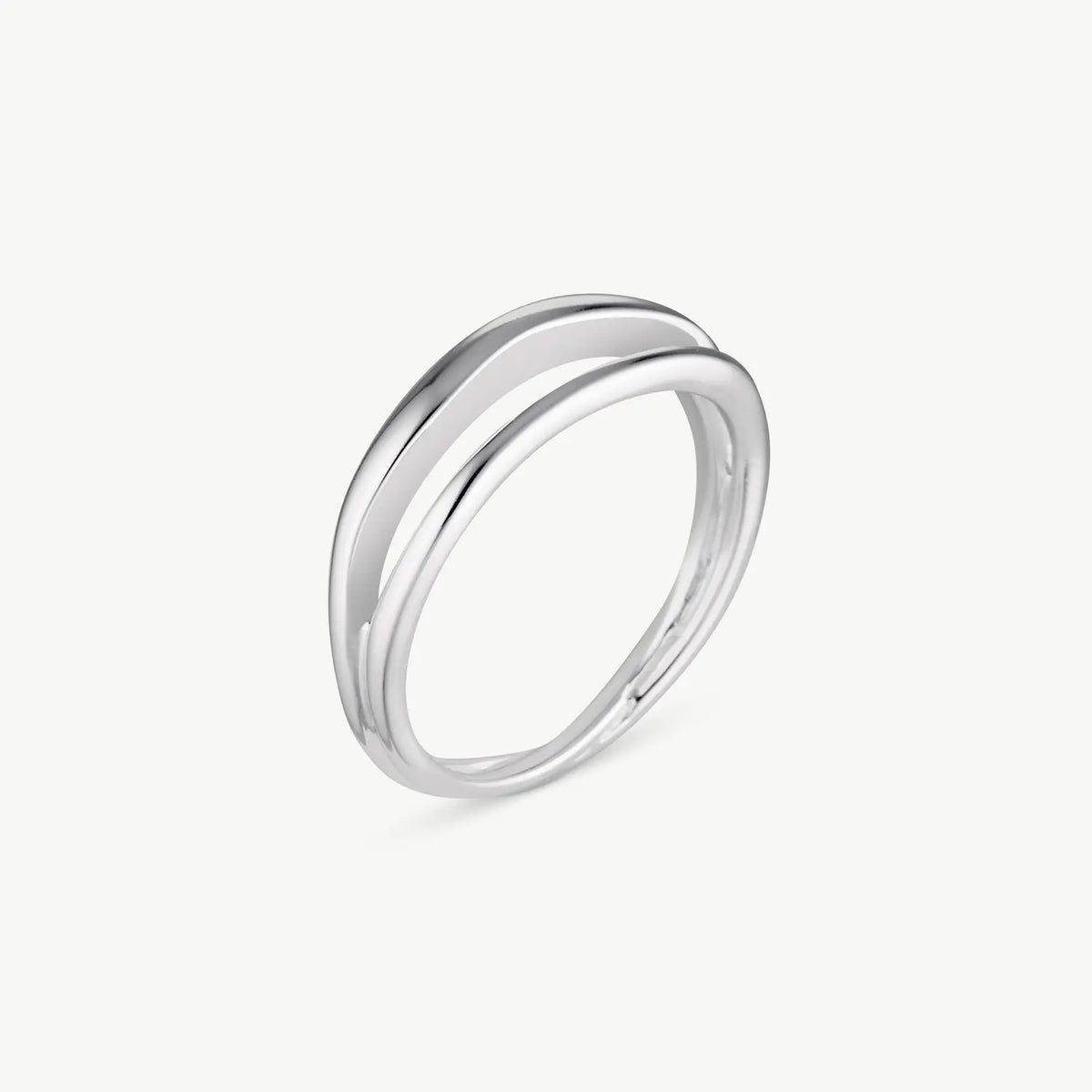 A minimalist two-band silver ring with a polished, curved design, shown on a clean off-white background.